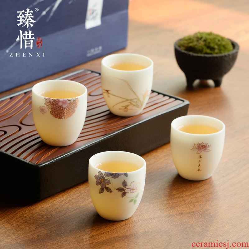 Become precious little Chinese dehua white porcelain tea set manual hand - made teacup sample tea cup suet jade porcelain ceramic masters cup of the four seasons