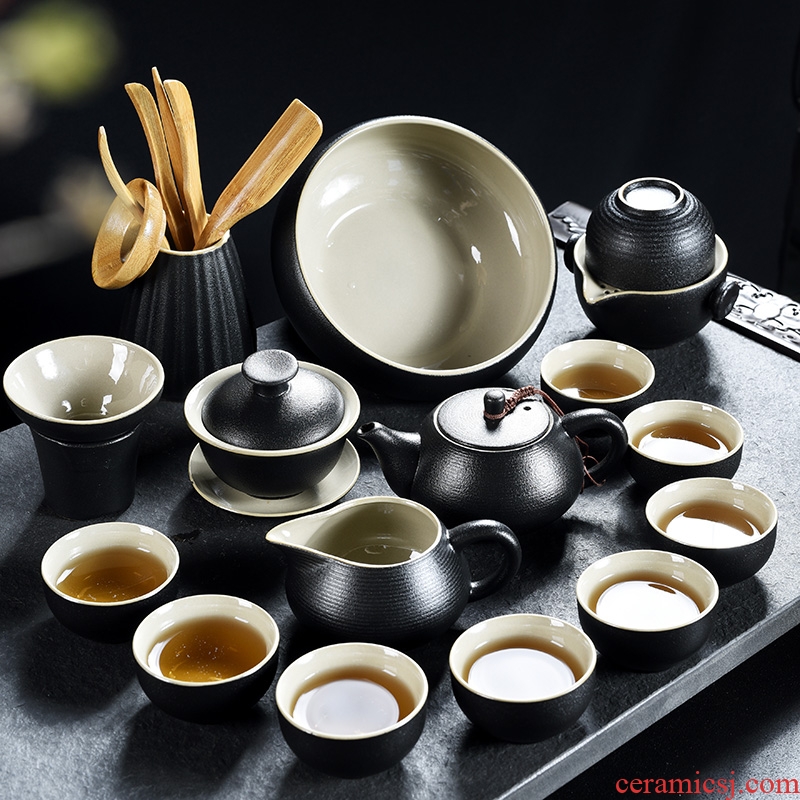 Black pottery tea set kung fu tea set the whole household contracted Japanese travel coarse pottery teapot teacup tureen tea POTS