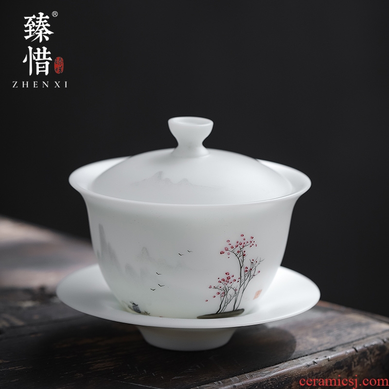Become precious little hand - made with water up to the mountain jade suet white porcelain three tureen high - end kung fu tea bowl cups of household