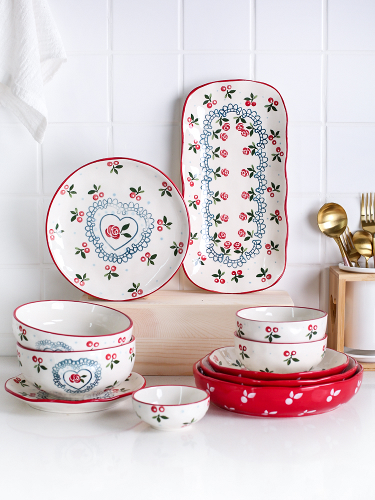 Island house cherry in Japanese rural wind ceramic tableware dishes suit dishes creative express to use household composition