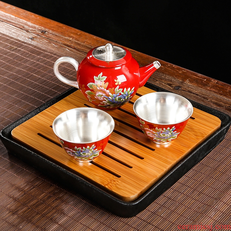 Creative silver crack cup a ceramic pot 2 two kung fu tea set a complete set of simple office travel tea set portable