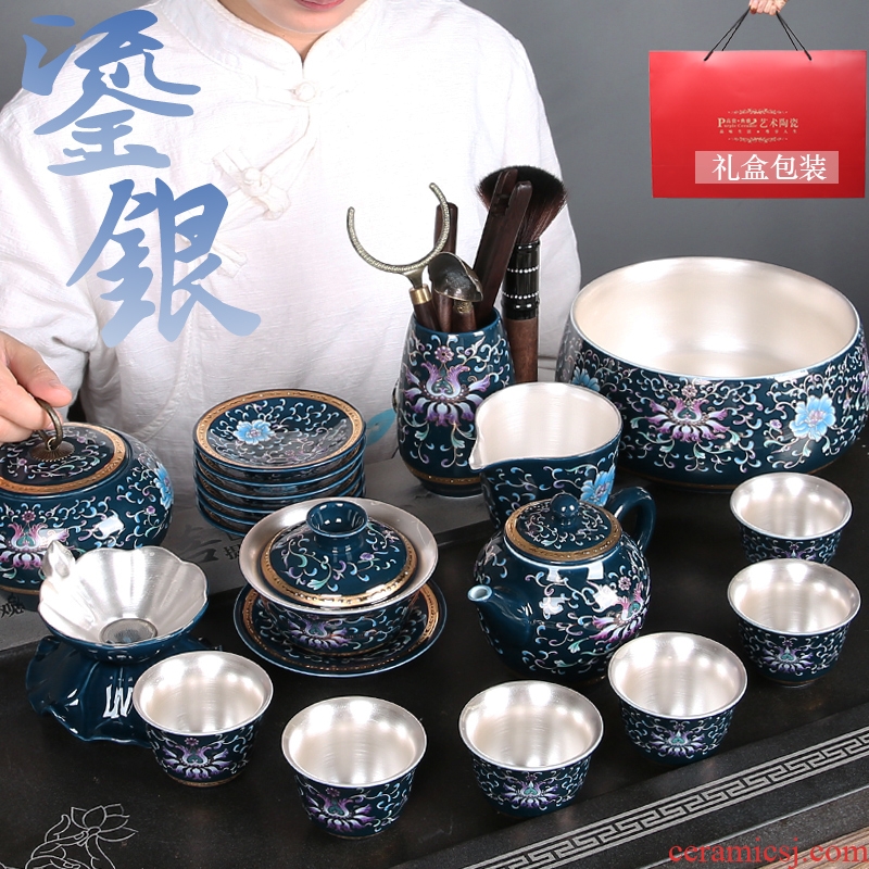 Ceramic 999 sterling silver mine loader silver tea set a complete set of blue and white porcelain tea set kung fu tea cup home outfit