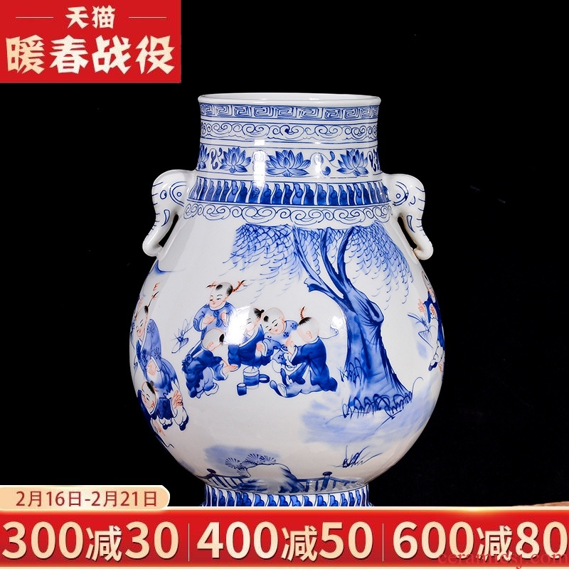 Jingdezhen blue and white lad vase Chinese antique ceramics ears sitting room rich ancient frame TV ark, flower arranging furnishing articles