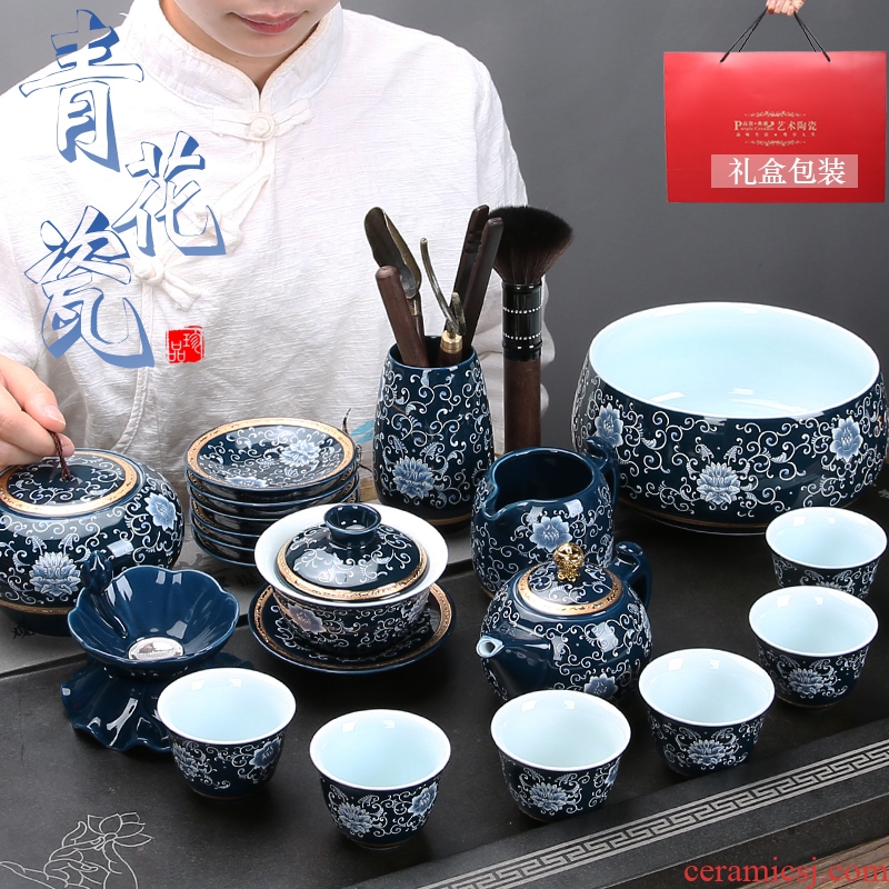 Jingdezhen blue and white porcelain tea set ceramic checking kung fu tea set the whole household tea teapot teacup