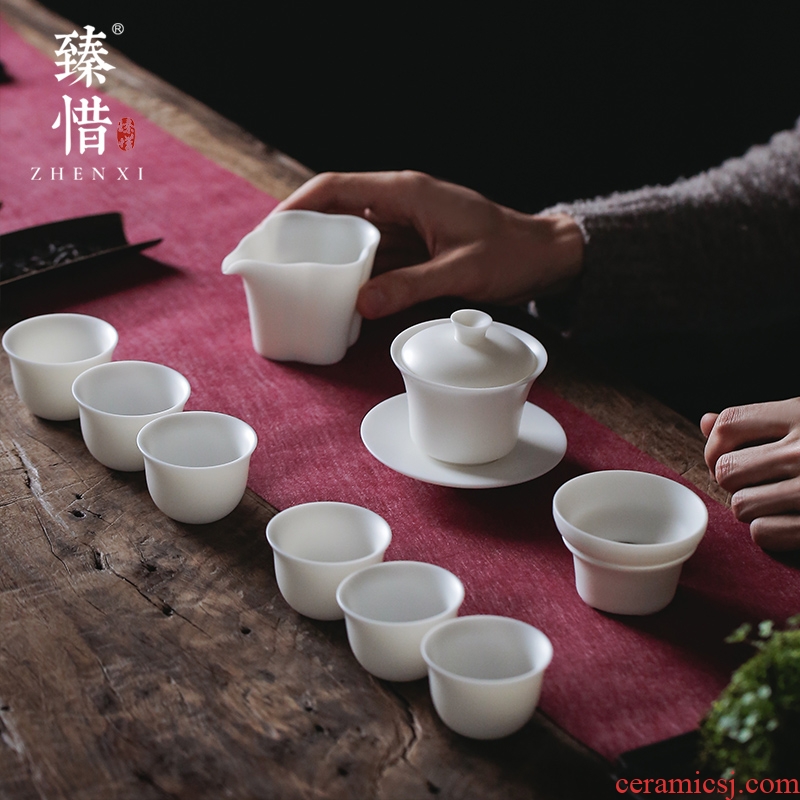 By understanding the modern quality dehua suet jade white porcelain only three set of tureen kung fu tea set tea gifts