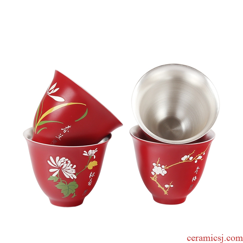 Silver cup Silver 999 kung fu tea set manually enamel - lined coppering. As Silver sample tea cup master cup tea cup home