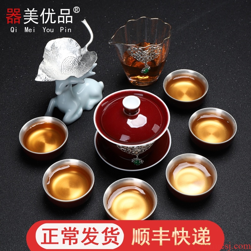 Jingdezhen is the best product with silver tea set suit creative ceramic coppering. As kung fu tea teapot tea cups