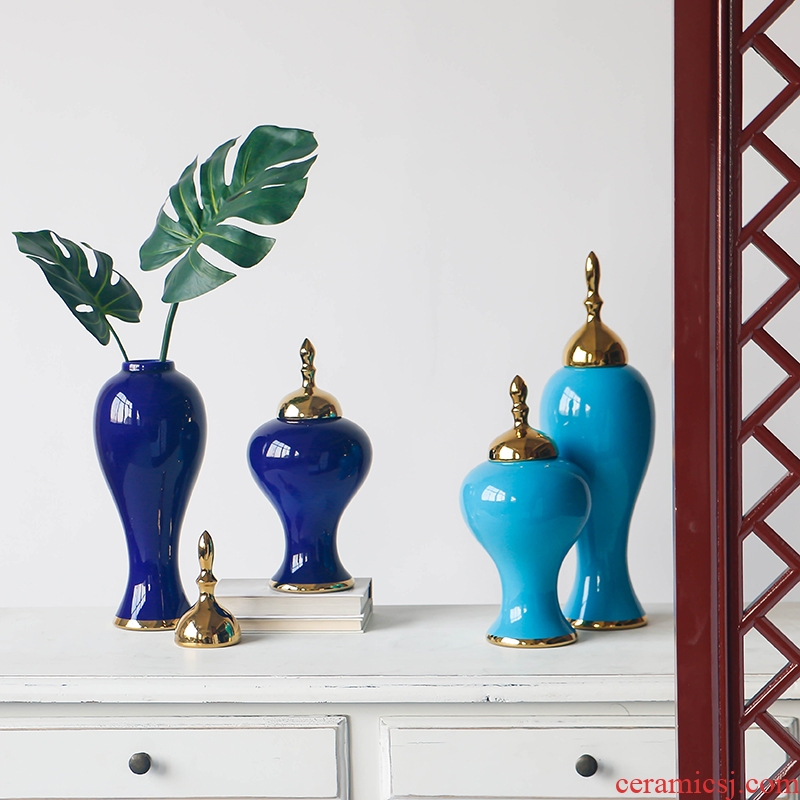 Neo - classical European ceramic vase villa living room home decoration wine porch gold pot cover general furnishing articles