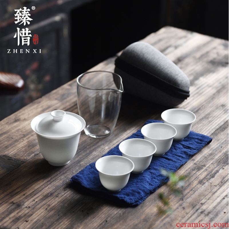 "Precious little white porcelain tureen crack cup cup travel mini kung fu tea set contracted household portable package
