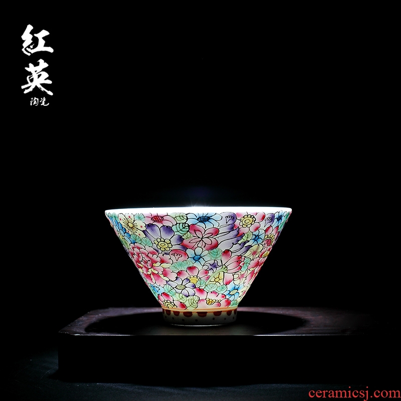 Red the jingdezhen ceramic kung fu tea cups hat to flower is colored enamel hand - made the master sample tea cup cup single CPU