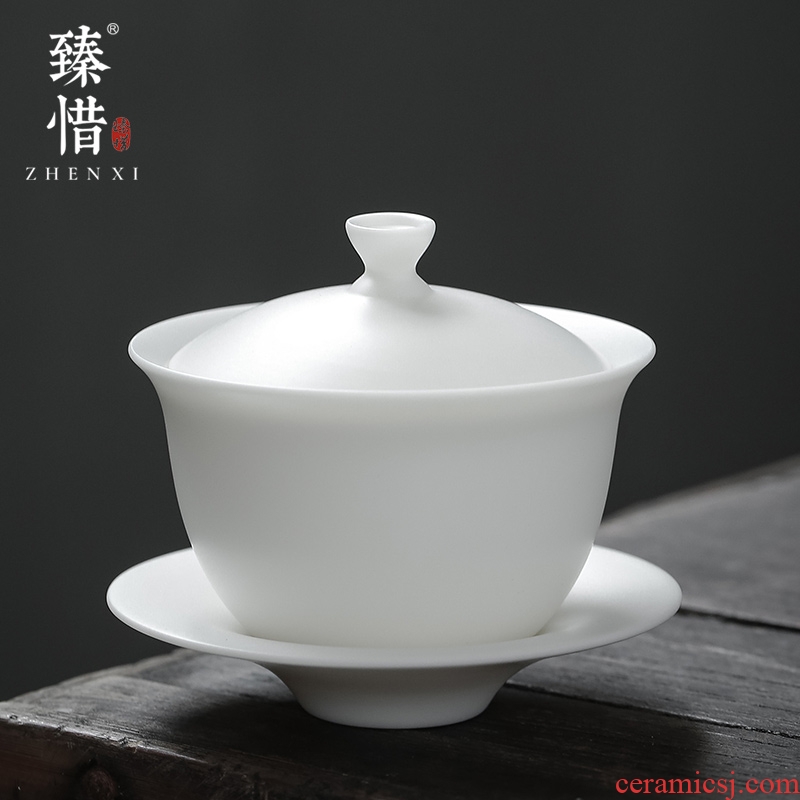 Become precious little listening only three tureen suet jade white porcelain teacup dehua high - end kung fu tea set large household gifts