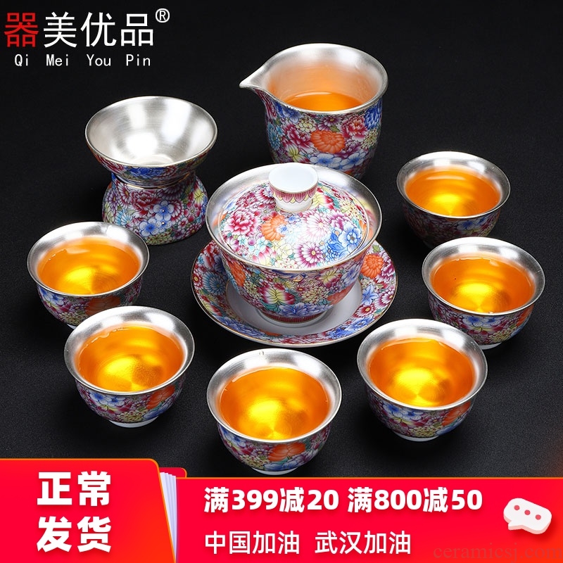 Implement the superior coppering. As silver colored enamel porcelain kung fu tea set Chinese style household ceramics tureen cup gift set