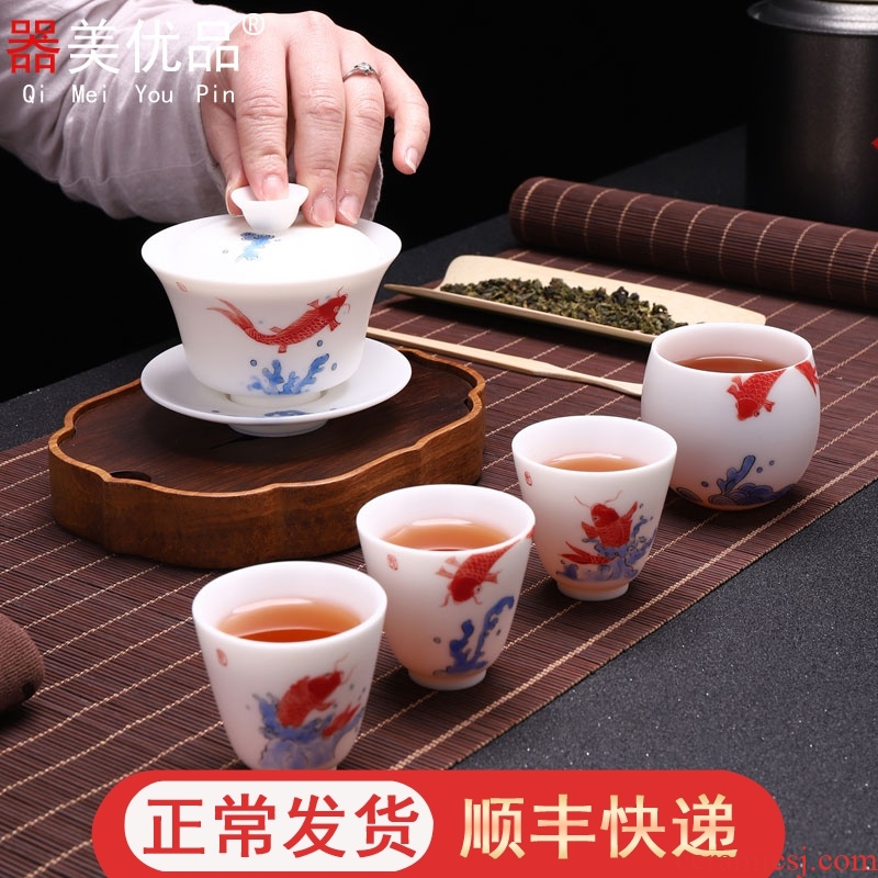 Implement the optimal character turn white porcelain hand - made kung fu tea set suit portable travel tea set manual ceramic cups tureen