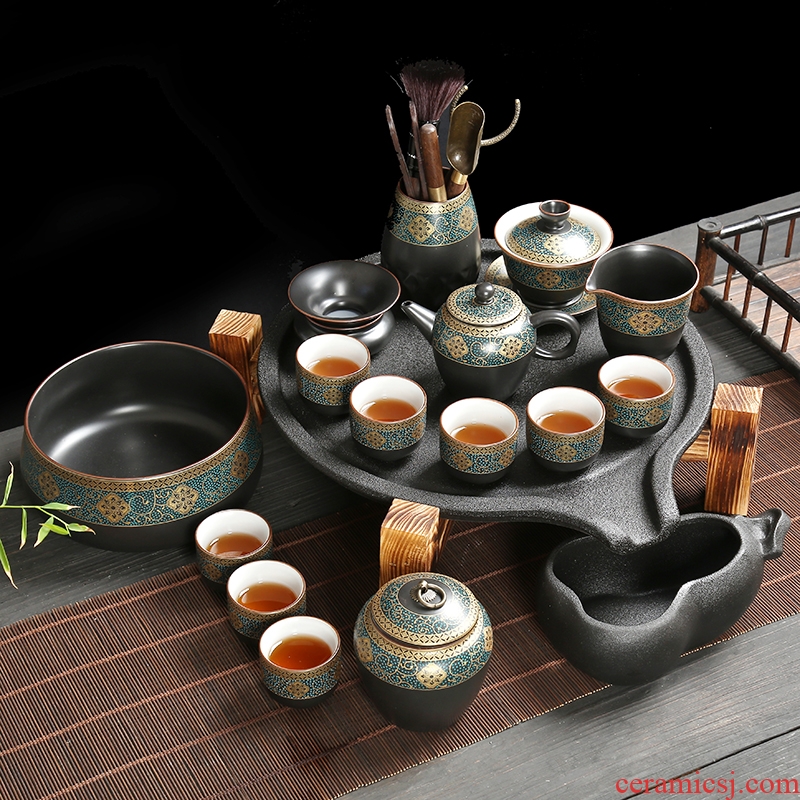 Japanese style restoring ancient ways kung fu tea set ceramic home office a whole set of black pottery teapot teacup atone dry terms plate