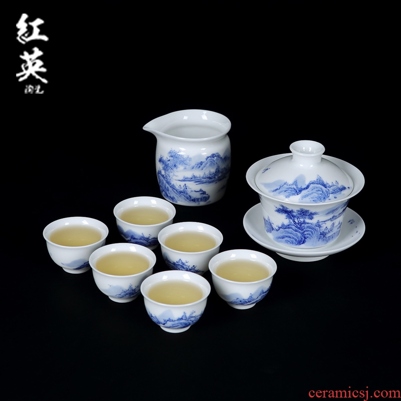 Jingdezhen ceramic kung fu tea set home sitting room is blue and white porcelain hand - made only three tureen tea cups