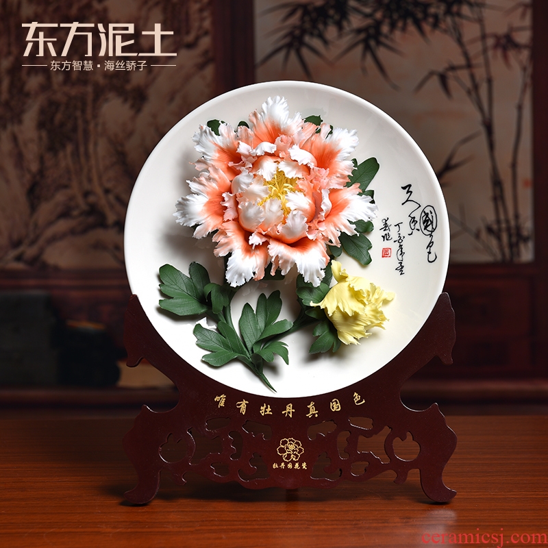 Oriental clay ceramic peony hang dish furnishing articles sitting room ark of adornment of Chinese style rich ancient frame partition arts and crafts