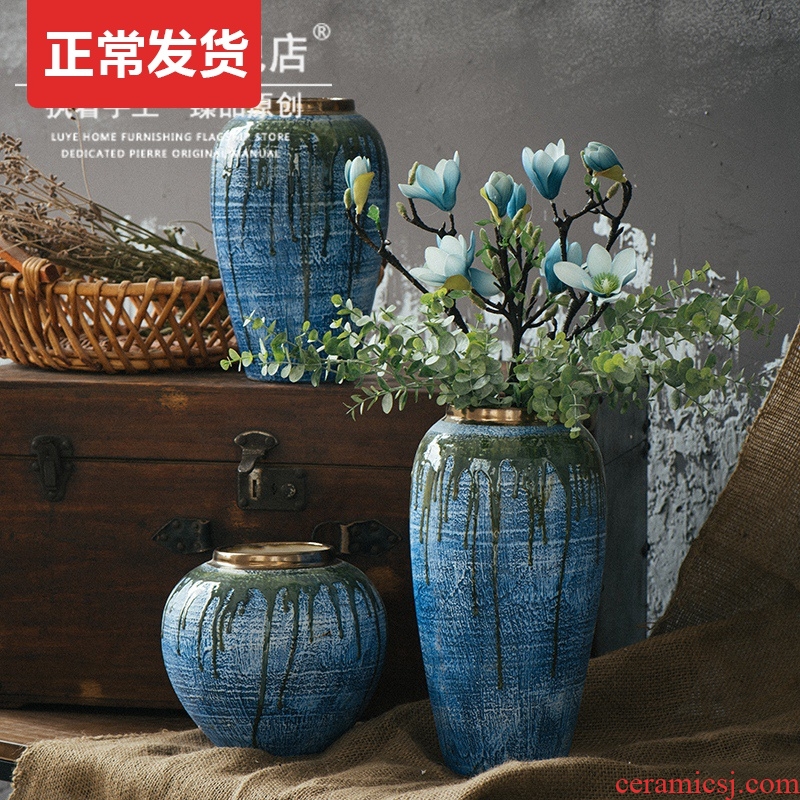 Jingdezhen ceramic dry flower vases, flower arrangement sitting room coarse pottery retro earthenware jar flower art porch is decorated pottery furnishing articles