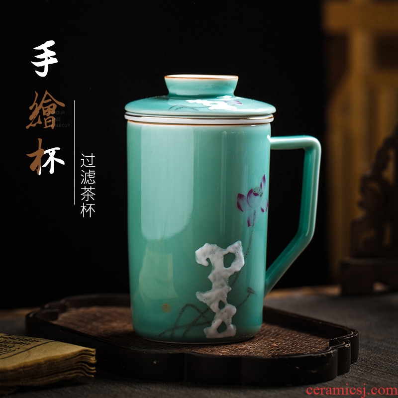 Jingdezhen hand - made tea cups with cover household ceramics filter cup tea separate office cup of cup tea cups
