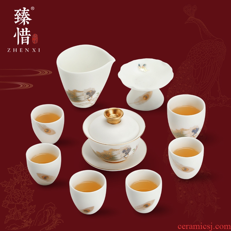 Become precious little wealth changchun suet jade white porcelain high - end kung fu tea set suit household dehua tureen gift products