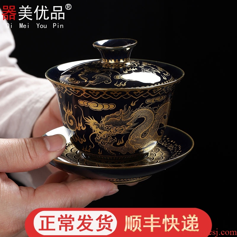 Implement the optimal product of jingdezhen ceramic checking hand - made of gold and silver tureen large three bowl of tea only worship cups
