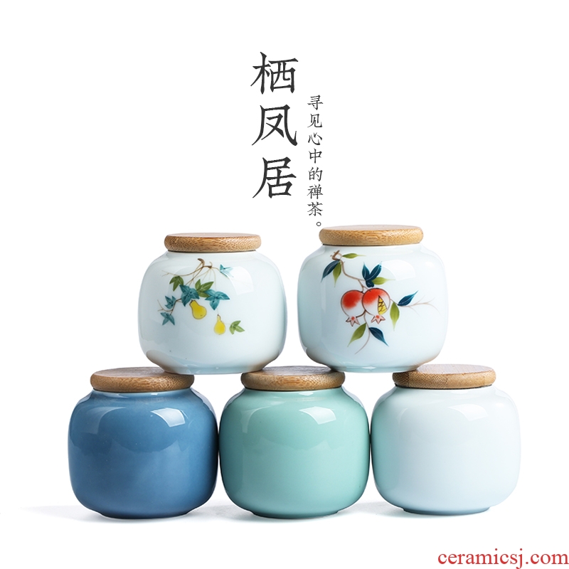 Creative color glaze ceramics small caddy fixings household seal pot portable travel bamboo cover up tea storage tank tea