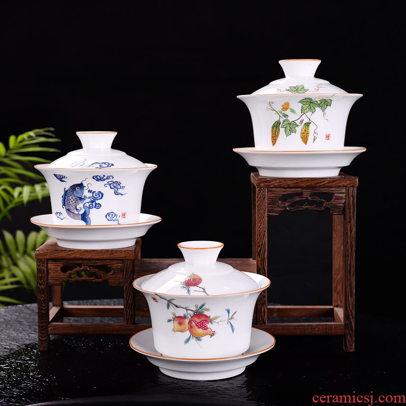 Jingdezhen blue and white only three tureen kung fu tea cups big bowl tea light household worship white porcelain tea cups
