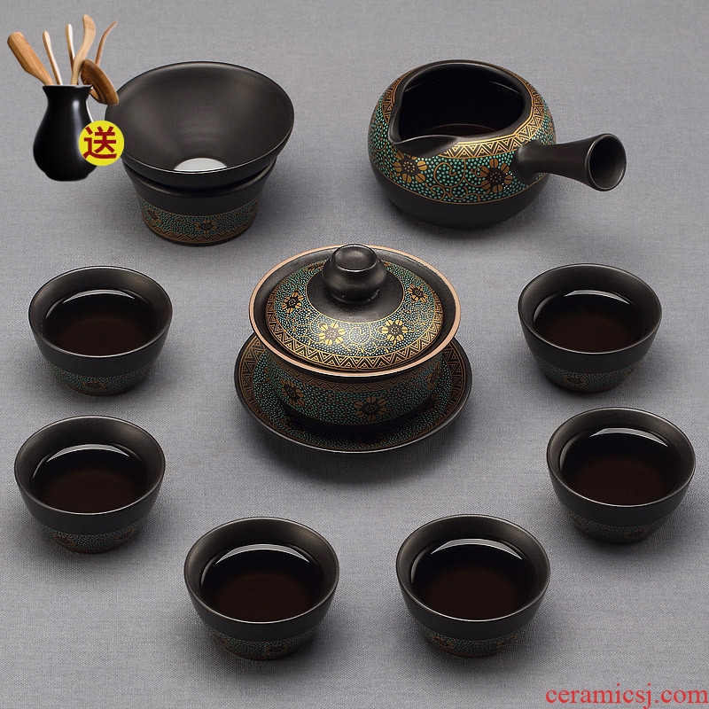 Taiwan ceramic kung fu tea set suit, black pottery side of a complete set of the household contracted and I small set of lazy people ultimately responds tea cups