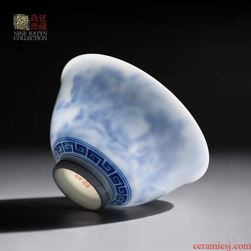 Nine at the masters cup large blue and white landscape teacups hand - made jingdezhen ceramic craft jade mud kung fu tea custom