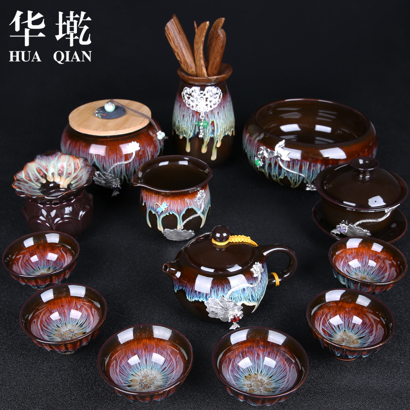 Home building red glaze, kung fu tea set suits for Chinese style with silver ceramic lid to use up of a complete set of tea cups