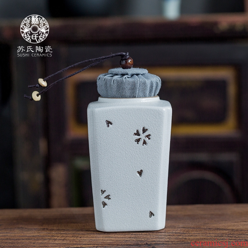 Su ceramic Japanese coarse pottery caddy fixings trace silver trumpet detong portable tea, green tea moisture tank