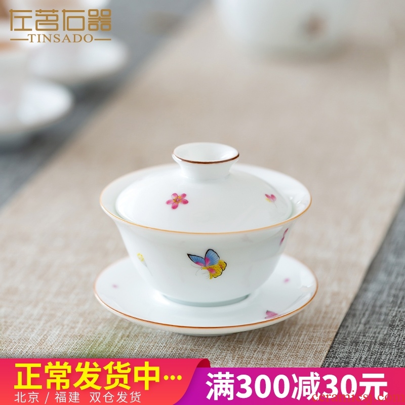 ZuoMing right is only sweet white glaze three tureen famille rose porcelain single thin foetus kung fu tea tea bowl SAN pao tea cups