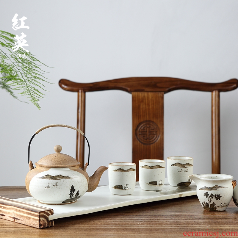 Red the jingdezhen ceramic kung fu tea set household hand - made large capacity of tea cups, teapot tea tray
