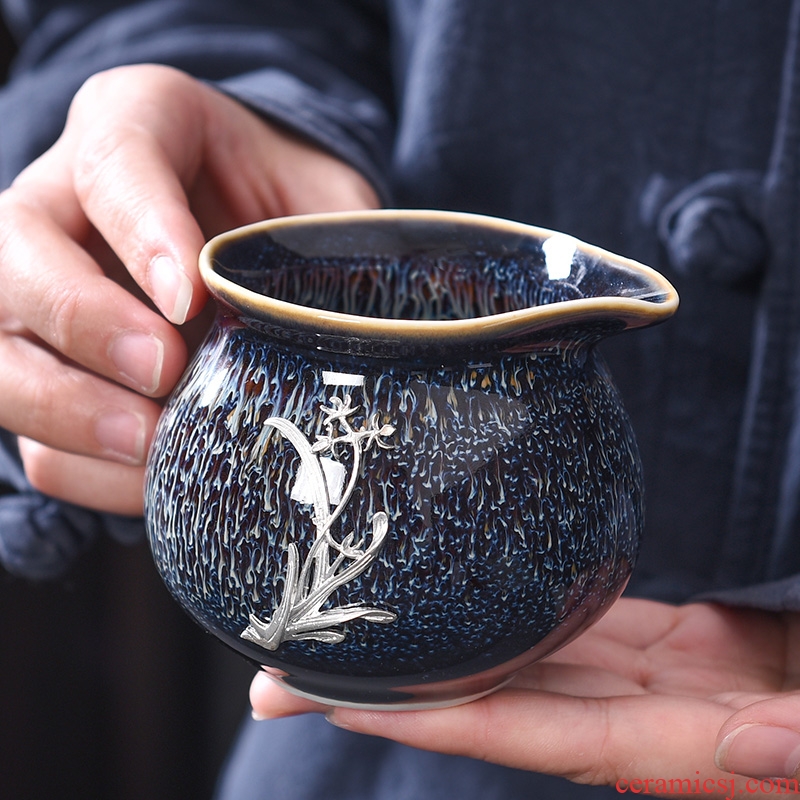 Laugh, jingdezhen obsidian blue drawing light household fair keller with silver wire drawing star light tea cup group