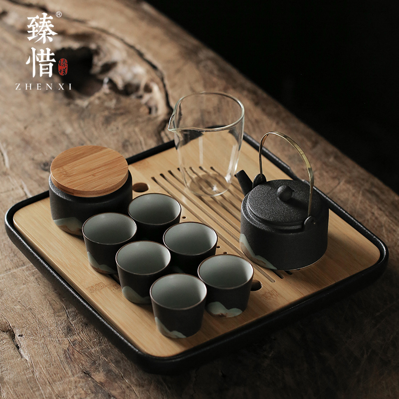 Become precious little creative mountains black ceramic kung fu tea set of household contracted dry tea tray size Japanese custom