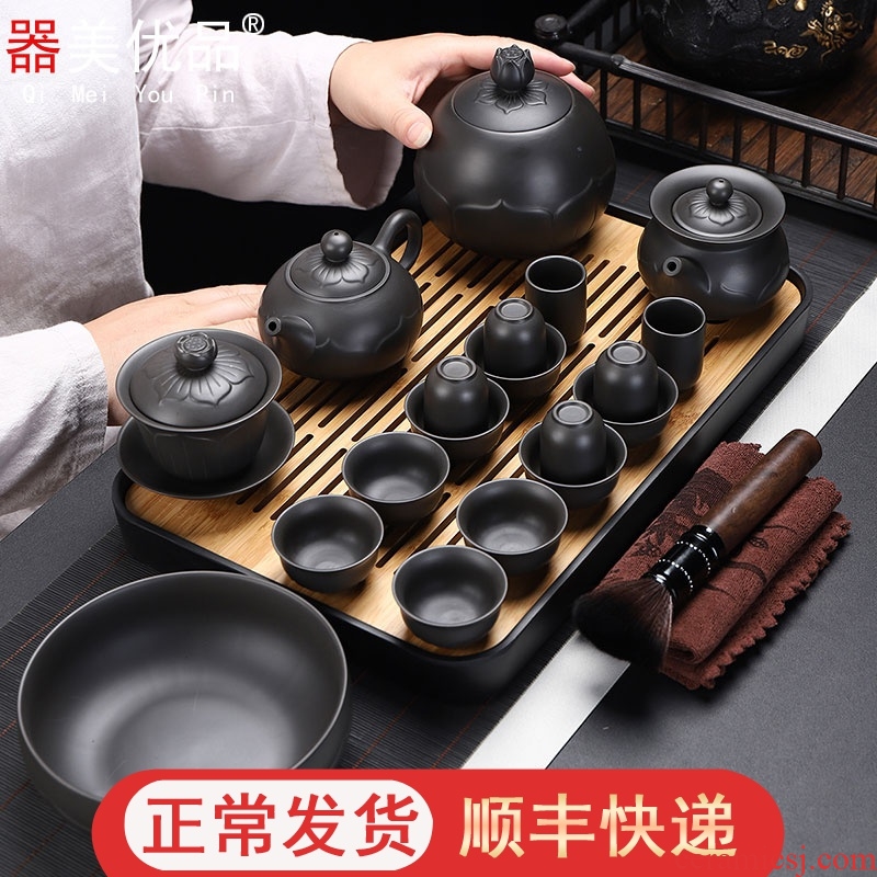 Implement the superior purple sand tea set a complete set of ceramic bamboo kung fu tea tray teapot tea wash cup tea home office