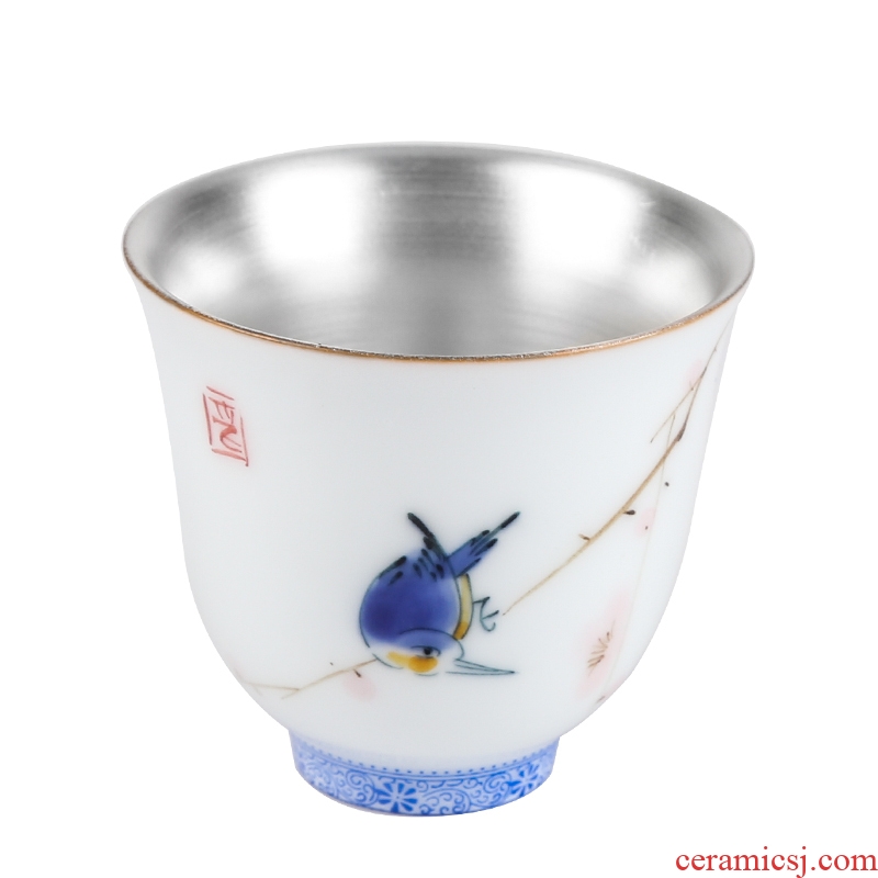 Jingdezhen hand - made small cup silver cup silver 999 kung fu tea set enamel - lined coppering. As silver tea fragrance - smelling cup
