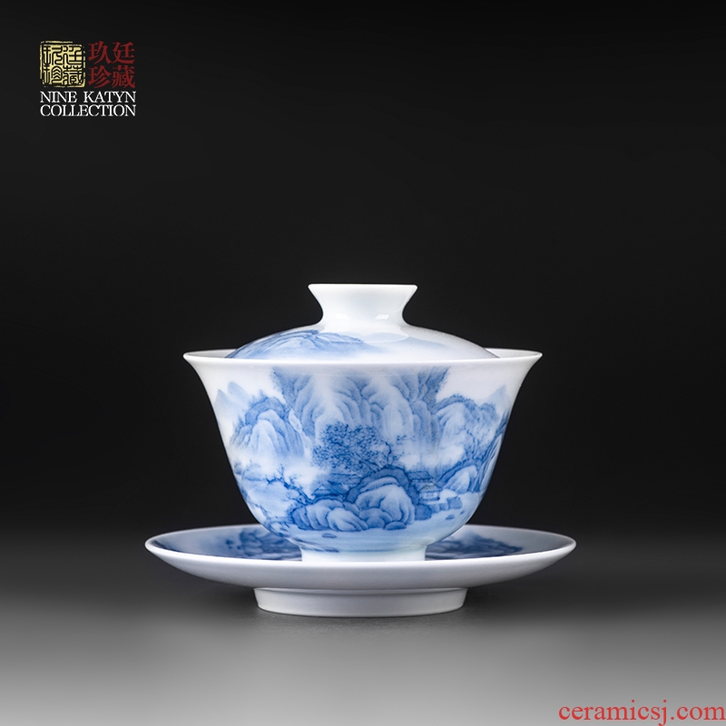 Nine at the jingdezhen ceramic kung fu tea set single tureen pure manual hand - made of blue and white porcelain three small bowl bowl 90 ml