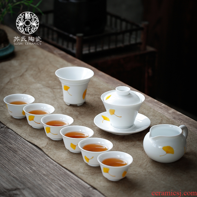 Su ceramic hand draw a complete set of tea service suit household kung fu tea set under the glaze color tureen tea cups
