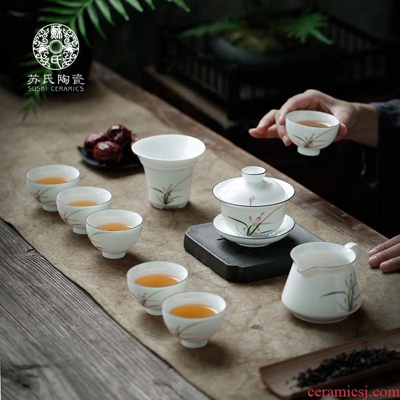 The Sioux hand - made ceramic tea set a complete set of kung fu tea set household under The white porcelain glaze color tureen tea cups