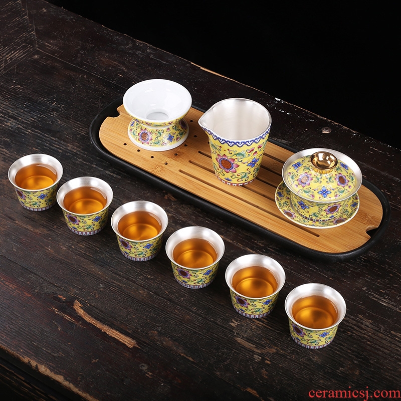 Jingdezhen silver tea sets, 999 sterling silver colored enamel coppering. As kung fu tea bowl cups of a complete set of the home office