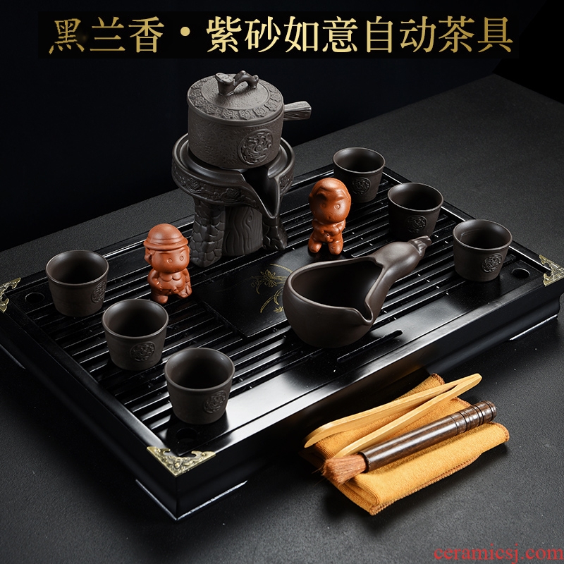 Lazy kung fu tea set suit household contracted solid wood tea tray of a complete set of ceramic purple ice to crack the teapot tea cups