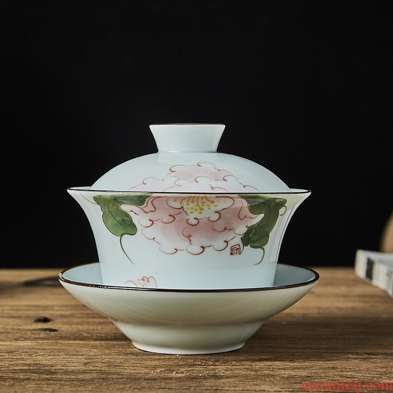 Jingdezhen blue and white porcelain tureen large tureen tea cup upset three bowl of celadon glaze under hand - made scenery 300 ml
