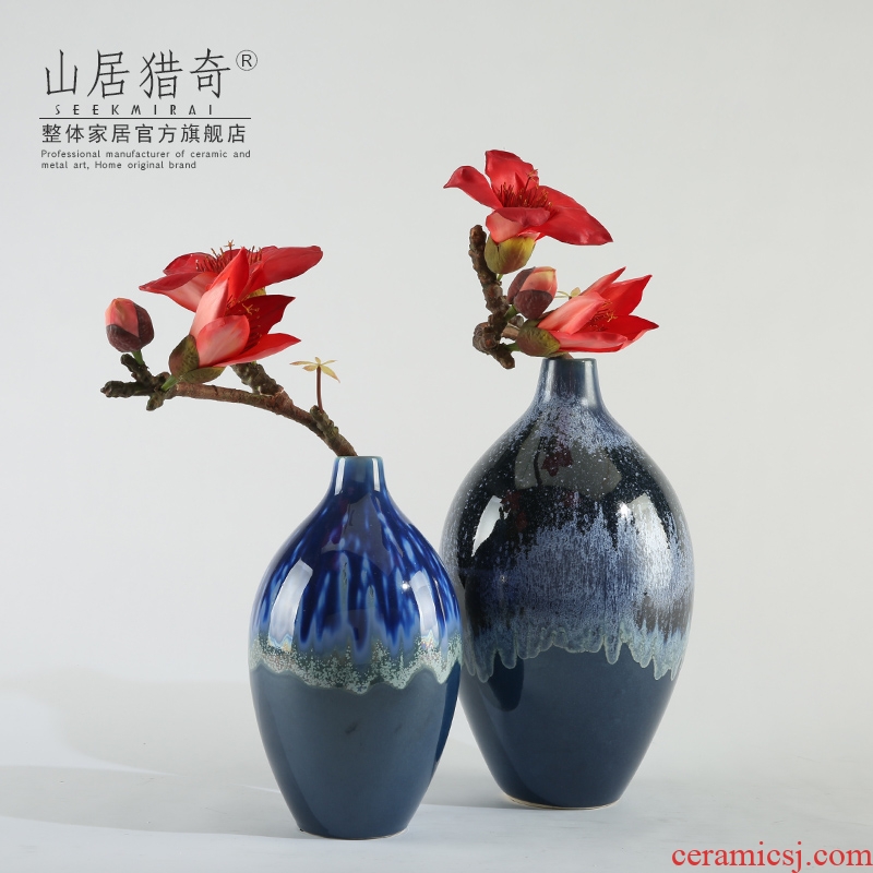 Variable blue porcelain vase furnishing articles creative fashion living room table dry flower, flower implement small expressions using round bottle arranging flowers