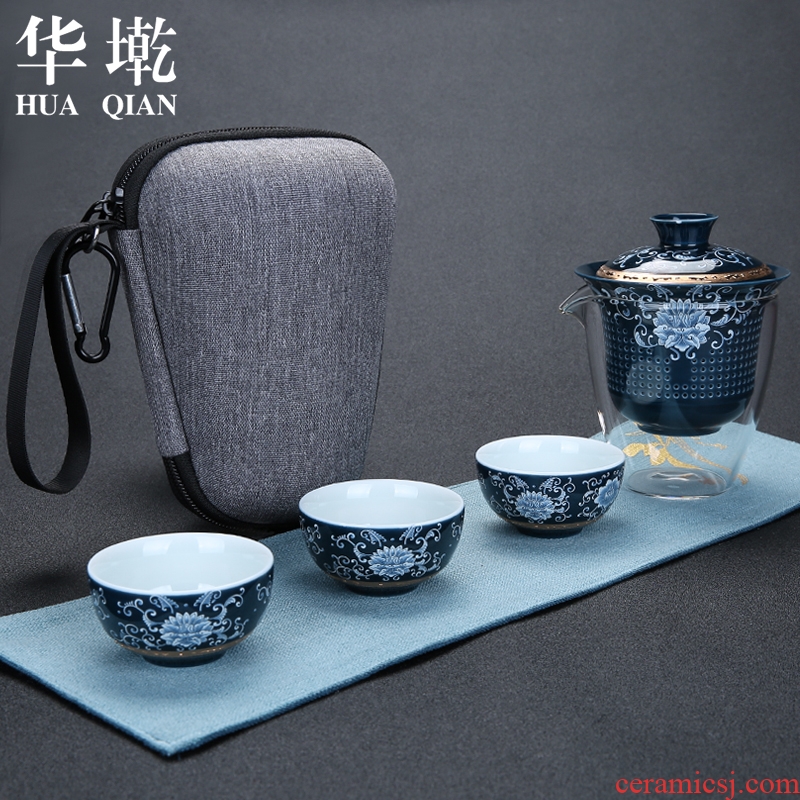 China Qian portable travel tea set a complete set of blue and white porcelain car kung fu tea set hand - made paint sample tea cup