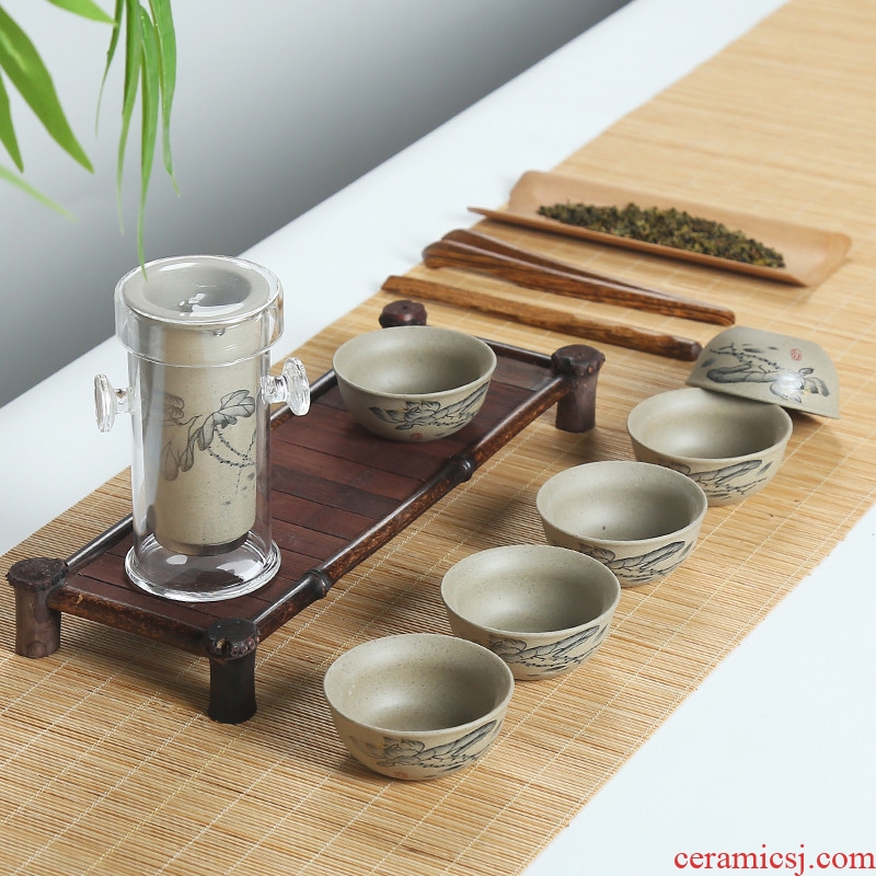 Tang Yan fang rock, old pottery office of a complete set of ceramic kung fu tea set household coarse pottery glass of black tea tea