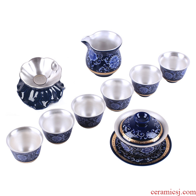 Jingdezhen ceramic coppering. As silver tea set 999 sterling silver contracted kunfu tea tea bowl of a complete set of the home office