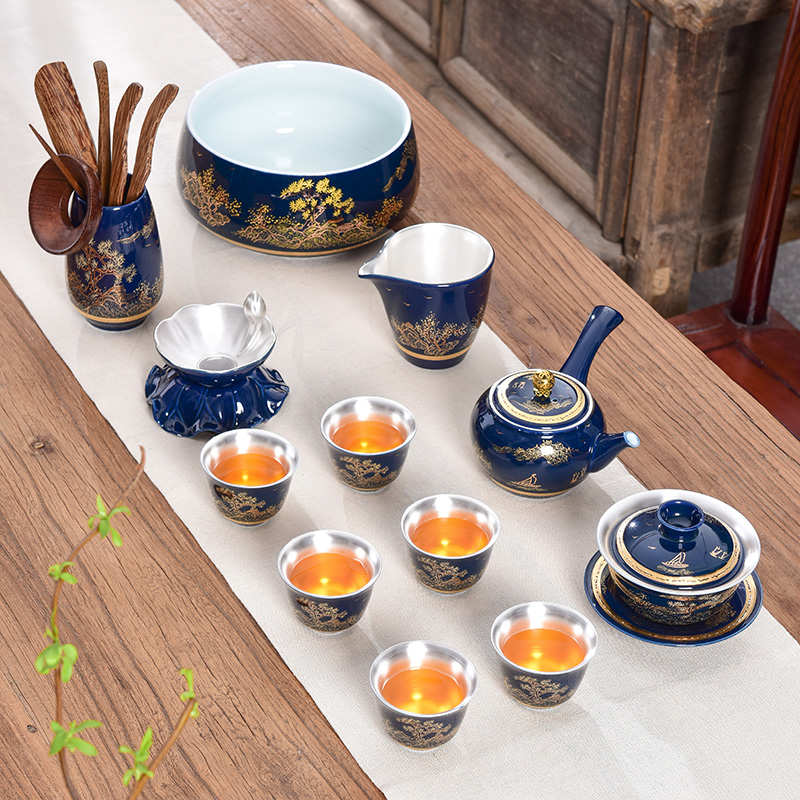 Jingdezhen porcelain enamel coppering. As silver tea set household kung fu with silver cup lid bowl of a complete set of gift box
