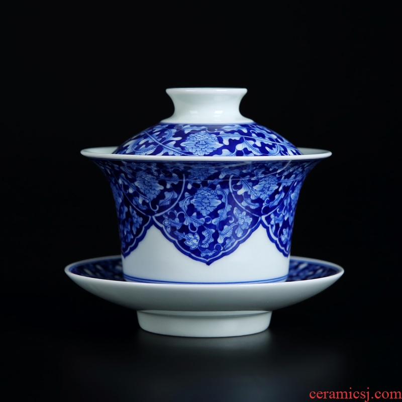 Jingdezhen porcelain ceramic hand - made bound lotus flower grain tureen tea cups a single tea set large against the hot tea three bowls