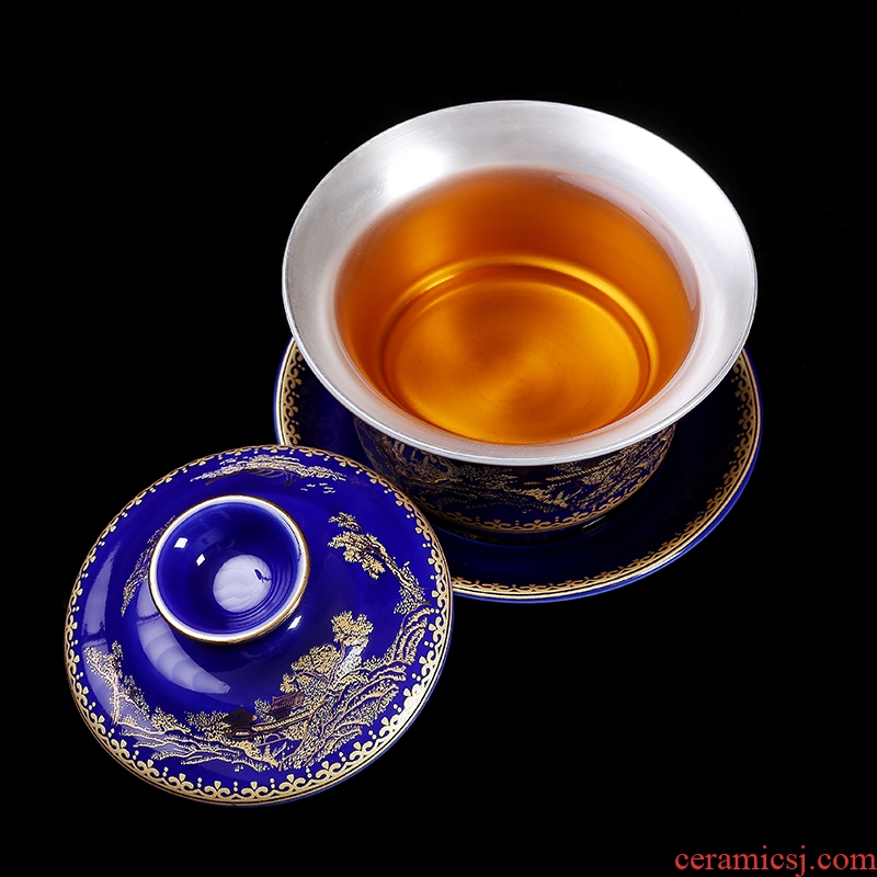 Jingdezhen colored enamel tea tasted silver tureen silver gilding 999 kung fu tea cup three bowl is pure manual hand grasp pot
