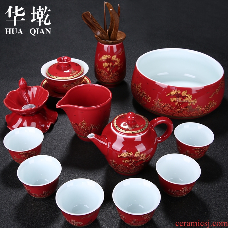 China Qian China red tea set a complete set of ceramic happiness kung fu tea sets sample tea cup lid bowl tea taking